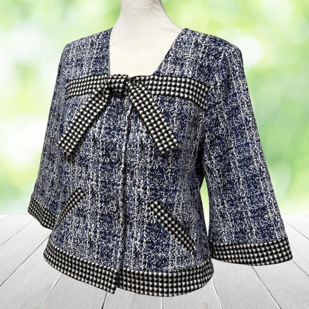 CABI Jacket Bow Front Mod Houndstooth Trim Coquette Blue Black White Office Sz M
